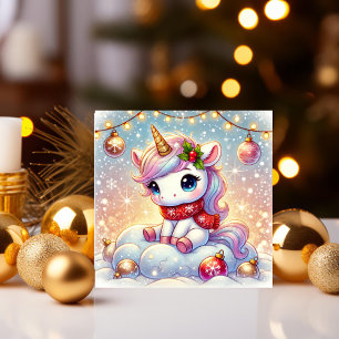 Tarjeta Festiva Unicornio sentado en una nube con adorno de Navida