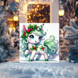 Tarjeta Festiva Unicornio Verde Menta con Corona de Acebo