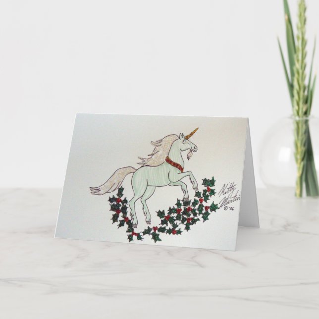 Tarjeta Festiva Unicornio y Holly (Anverso)