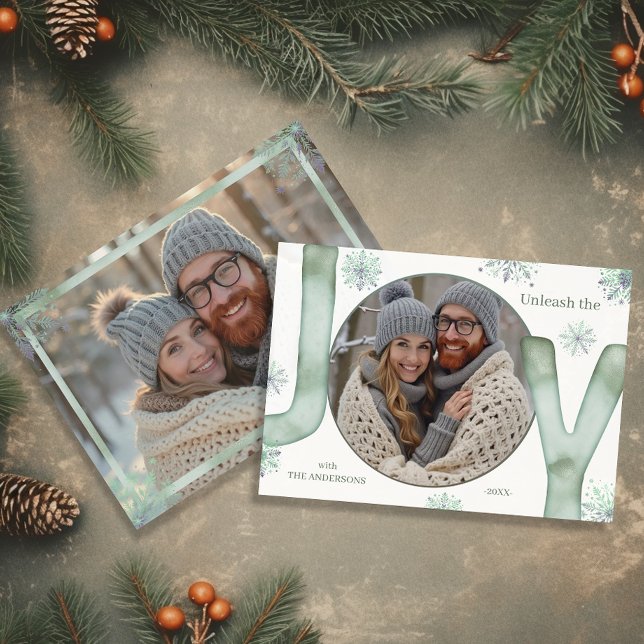 Tarjeta Festiva Unleash the JOY Modern Green Script Photo (Unleash the JOY Modern Green Script Photo Holiday Card)