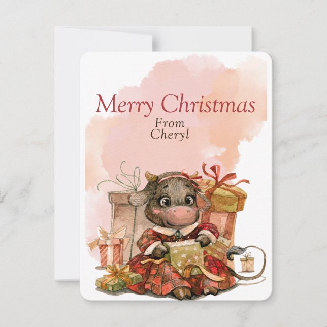 Tarjeta Festiva Vaca acuarela cúpula (Anverso)