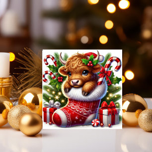 Tarjeta Festiva Vaca Adorable de las Tierras Altas en Calcetín de
