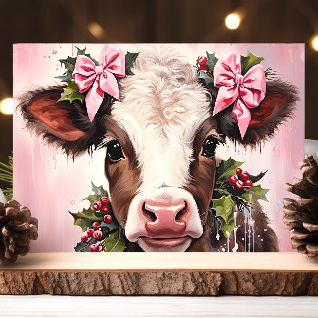 Tarjeta Festiva Vaca bebé bonito con Navidades de arcos rosados (Subido por el creador)