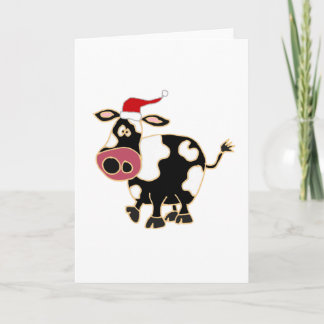 Tarjeta Festiva Vaca blanca y negra en Santa Hat