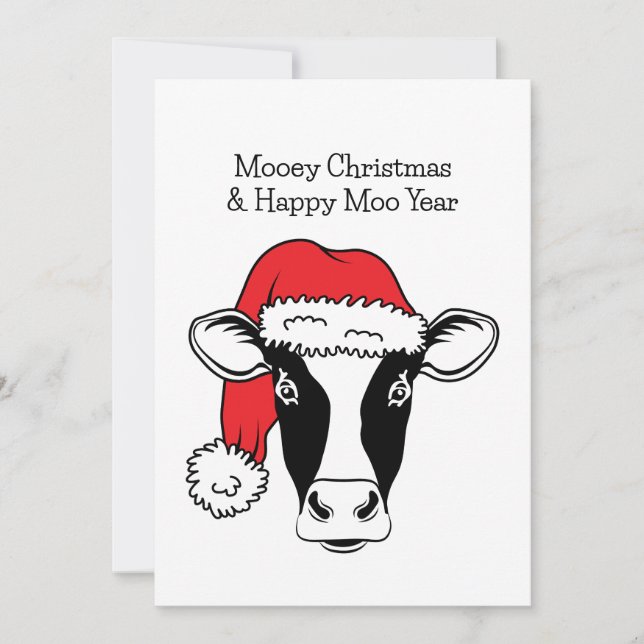 Tarjeta Festiva Vaca blanca y negra en santa Navidades graciosos (Anverso)
