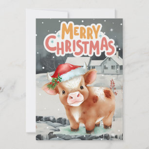 Tarjeta Festiva Vaca con sombrero de Santa escena de noche de invi