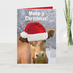 Tarjeta Festiva Vaca con sombrero de Santa Mooo-y Navidad, Feliz A