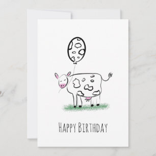 Tarjeta Festiva Vaca Cumpleaños Feliz Arte Dibujado a Mano Doodle