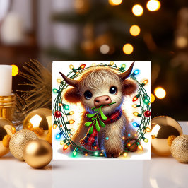 Tarjeta Festiva Vaca de las Tierras Altas con muérdago y luces nav