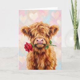 Tarjeta Festiva Vaca de las Tierras Altas con Rosa - Lindo Animal 