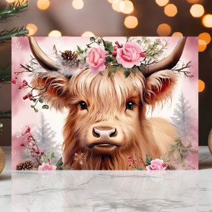 Tarjeta Festiva Vaca de las Tierras Altas con Rosas Rosadas Navide
