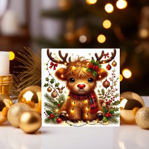 Tarjeta Festiva Vaca de las Tierras Altas de Reno con Luces Navide