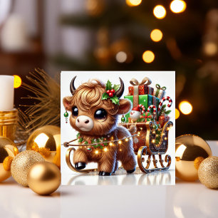 Tarjeta Festiva Vaca de las Tierras Altas tirando del trineo de Sa