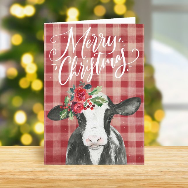Tarjeta Festiva Vaca de Navidades de Red Plaid (Subido por el creador)