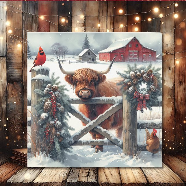 Tarjeta Festiva Vaca de tierras altas en los Navidades agrícolas (Subido por el creador)