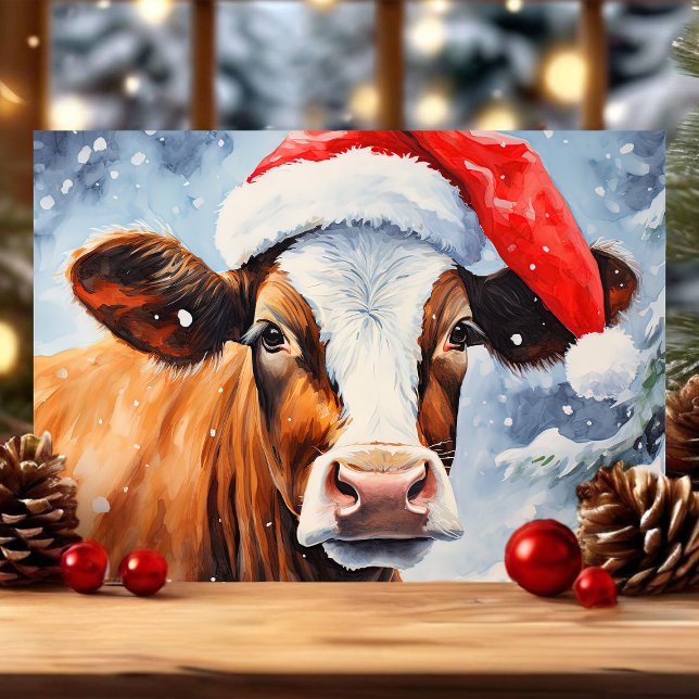 Tarjeta Festiva Vaca en Santa Hat graciosos Navidades (Subido por el creador)