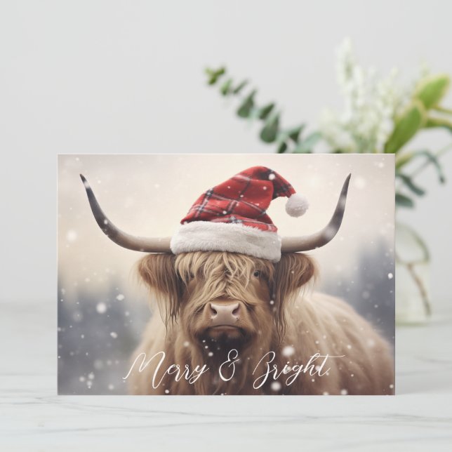 Tarjeta Festiva Vaca fresca y brillante en vacaciones en Santa Hat (Anverso de pie)