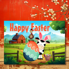 Tarjeta Festiva Vaca, gallo y huevos de colores en la pascua de la