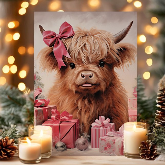 Tarjeta Festiva Vaca Highland con Navidades rosados de vaca (Subido por el creador)