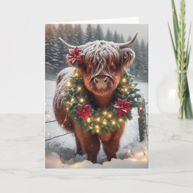 Tarjeta Festiva Vaca Highland de navidades con guirnalda (Anverso)