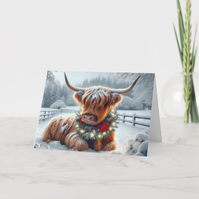 Tarjeta Festiva Vaca Highland de navidades con guirnalda (Anverso)