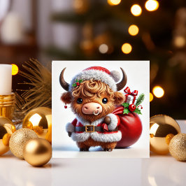 Tarjeta Festiva Vaca Highland Santa con Bolsa de Regalos