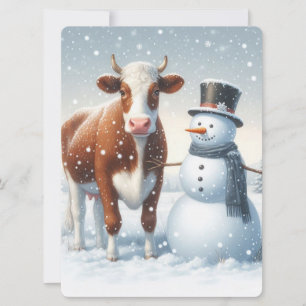 Tarjeta Festiva Vaca linda y muñeco de nieve en el campo invernal