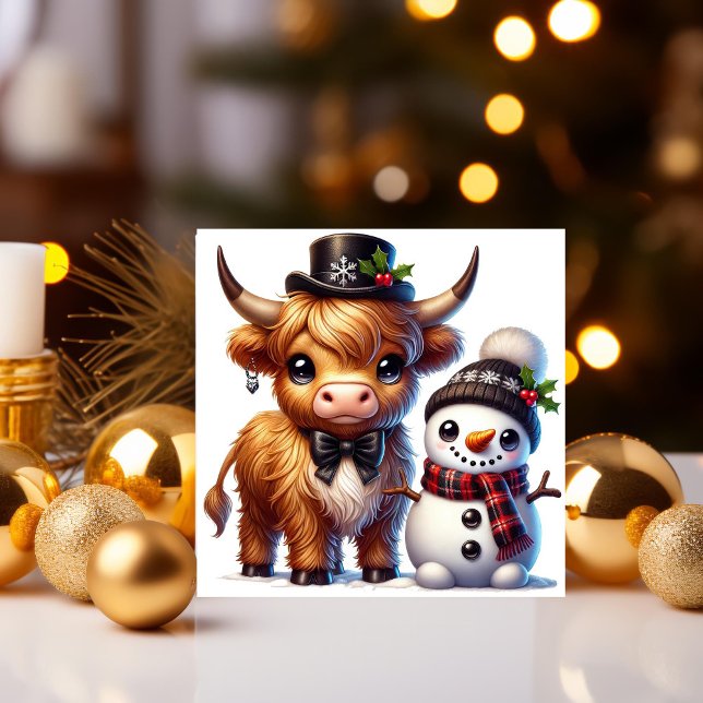 Tarjeta Festiva Vaca montañosa de perro con amigo de Snowman (Subido por el creador)