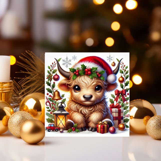 Tarjeta Festiva Vaca montañosa festiva en Santa Hat (Subido por el creador)