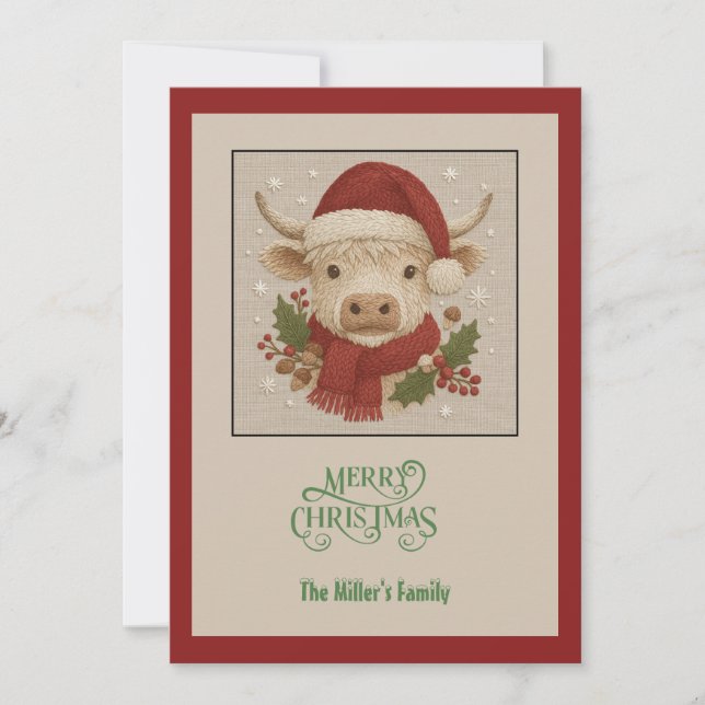 Tarjeta Festiva Vaca rústica de montaña con Santa Hat (Anverso)