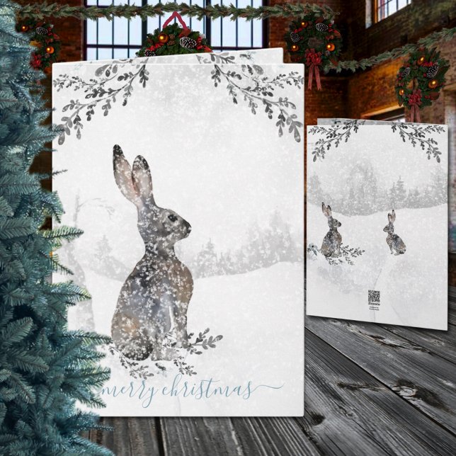 Tarjeta Festiva Vacaciones acuáticas en invierno de Snowden Woodla (Snowy Winter Woodland Hare Watercolor Christmas Holiday Wraparound Graphics Folded Card in two sizes)