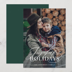 Tarjeta Festiva Vacaciones alegres   Elegante guión foto verde osc