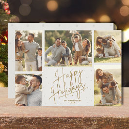 Tarjeta Festiva Vacaciones de Gold Happy Five Photos Holiday Card