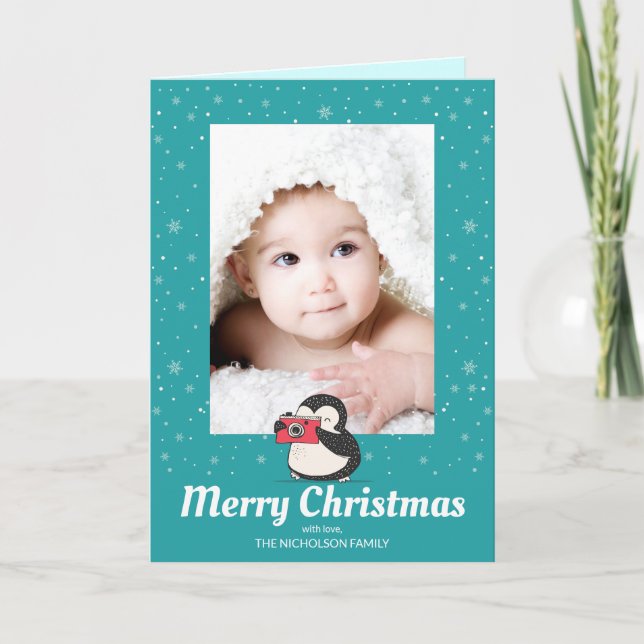Tarjeta Festiva Vacaciones de invierno en pingüino creando foto de (Anverso)