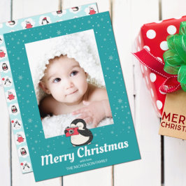 Tarjeta Festiva Vacaciones de invierno en pingüino creando foto de