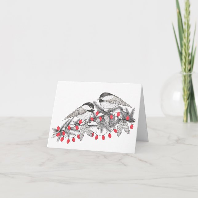 Tarjeta Festiva Vacaciones de Maine Chickadee Bird Pen y Navidades (Anverso)