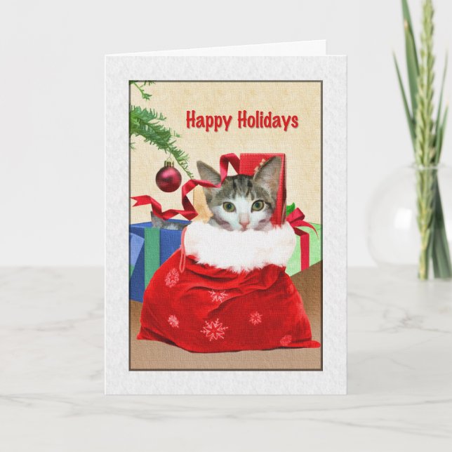 Tarjeta Festiva Vacaciones de navidades, Cat Under Tree (Anverso)
