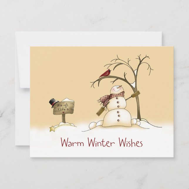 Tarjeta Festiva Vacaciones de Navidades de Snowman Red Bird Sleigh (Anverso)