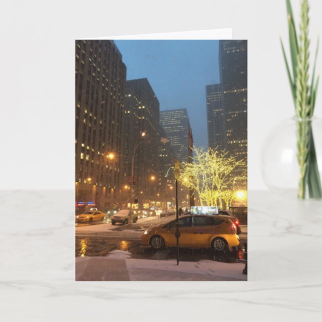 Tarjeta Festiva Vacaciones de Navidades de Snowy Morning Midtown e (Anverso)