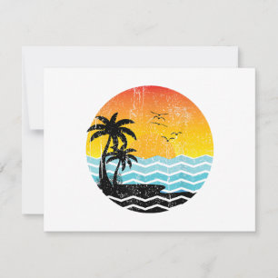 Tarjeta Festiva Vacaciones de Verano Palmeras Atardecer Retro Trop