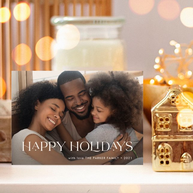 Tarjeta Festiva Vacaciones elegantes y felices | Una foto azul de  (Elegant and happy holidays photo card)