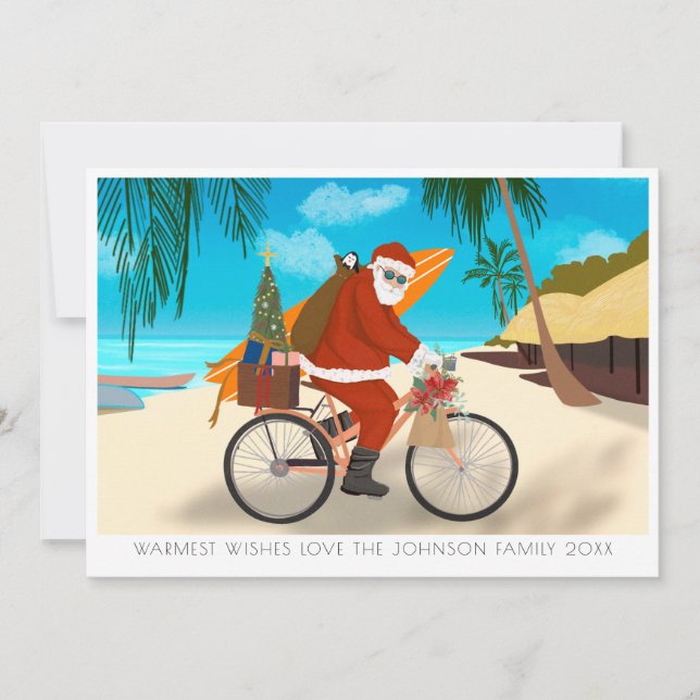 Tarjeta Festiva Vacaciones en bicicleta de Santa Tropical (Anverso)