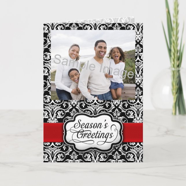 Tarjeta Festiva Vacaciones en Damasco Rojo/Negro (Anverso)