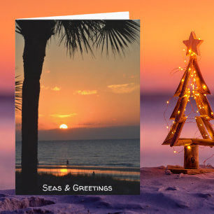 Tarjeta Festiva Vacaciones en la playa de Silhouette, un árbol de