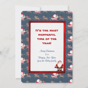 Tarjeta Festiva Vacaciones en Santa Claus con renos y trineo