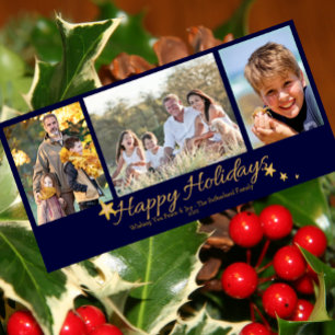 Tarjeta Festiva Vacaciones Gold y Blue Happy 3 Collage de fotos