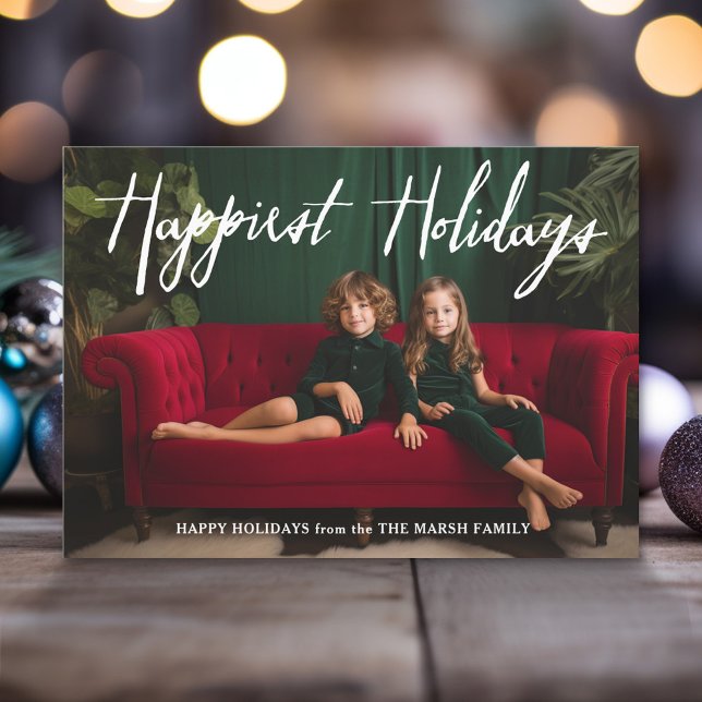 Tarjeta Festiva Vacaciones más felices caligrafía moderna - 1 foto (Modern Christmas Photo Greeting Card)