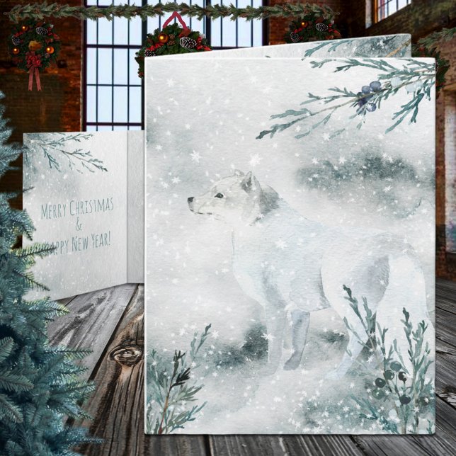 Tarjeta Festiva Vacaciones nevadas en invierno blanco en el Ártico (Snowy Winter White Arctic Fox Christmas Holiday Wraparound Graphics Folded Card in two sizes)