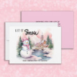 Tarjeta Festiva Vacaciones para los Navidades de Snowman<br><div class="desc">Un muñeco de nieve color rosa,  con un telón de fondo de montañas cubiertas de nieve y una antigua tarjeta de saludo de Navidades/vacaciones. El texto personalizado dice: "Que nieve". Personalice el nombre de su familia y cualquier otro texto que elija.</div>