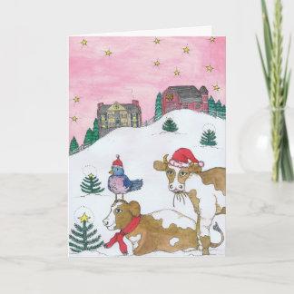 Tarjeta Festiva Vacas A Casa Para Navidades
